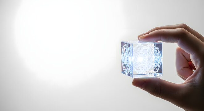 Hand holding glowing futuristic glass cube with geometric pattern inside