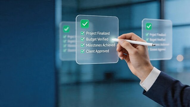 Business man hand holding pen writing checklist on virtual screen checking off project finalization budget verification milestones achieved and client approval in office