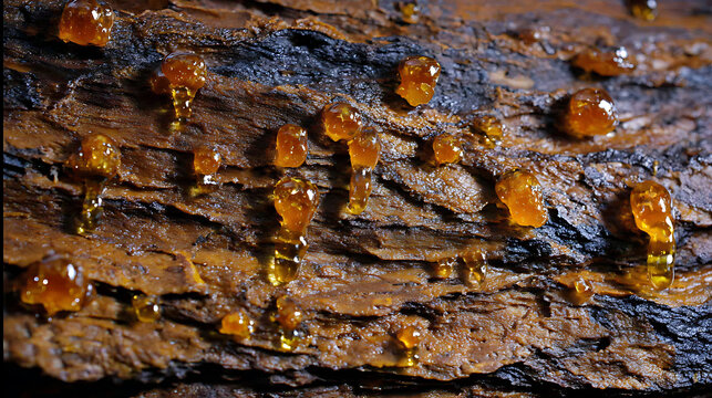 Resin droplets on tree bark symbolizing freedom, adventure, and exploration