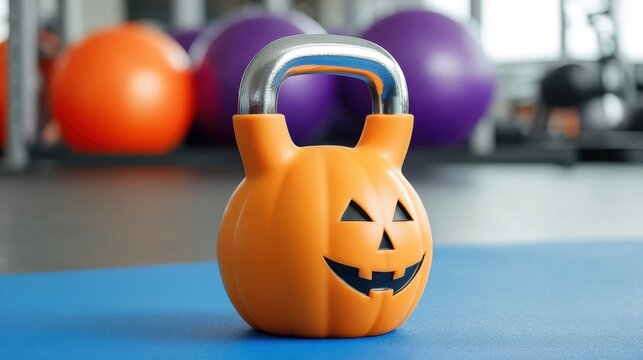 Orange pumpkin kettlebell with Halloween design on fitness mat in gym setting featuring exercise equipment and colorful exercise balls