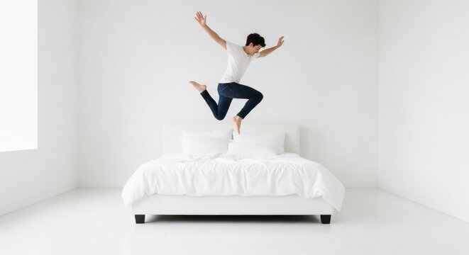 Young man in jeans and white t-shirt jumping energetically on a white bed in a minimalist bright room