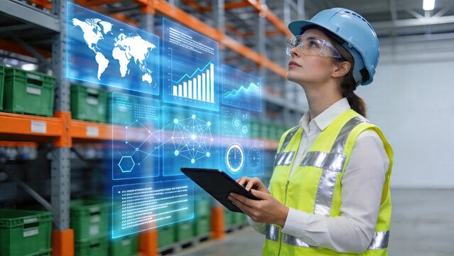 Business woman warehouse worker wearing safety helmet and vest inspecting holographic digital interface data analytics bar graphs world map chart in modern storage facility