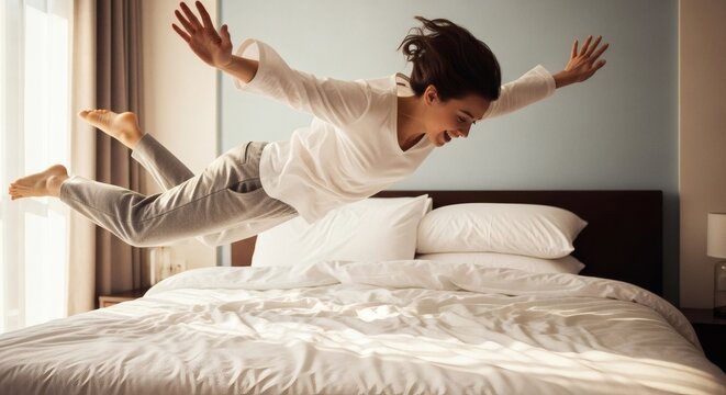 Young woman happily jumping in the air above a messy white duvet on a bed in a bright bedroom, free and joyful movement.