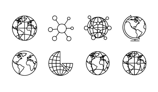 World network globe icon collection with global connectivity and digital communication symbols grid vector