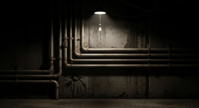Industrial pipes and dangling lightbulb in a dark room