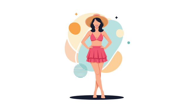 Beautiful young woman wearing a pink bikini set and straw hat standing against a colorful abstract background for summer.