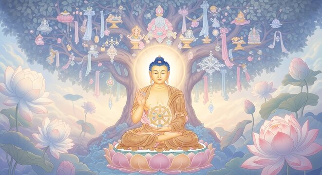 Serene Buddha Meditating Under Bodhi Tree with Dharma Wheel in Spiritual Lotus Garden Illustration