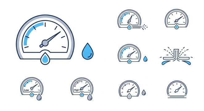 Pressure Gauge Icons Showing Water Leaks and Measurement.