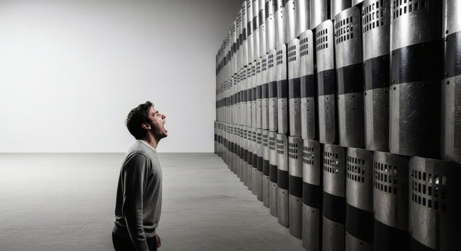 Man yelling in frustration at a wall of riot shields in a stark, minimalist environment, symbolizing protest, authority, or powerlessness.