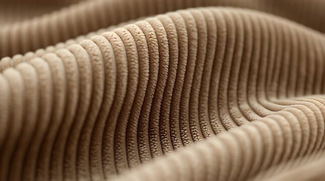 Close-up of beige corduroy fabric with rounded ridges, showcasing texture and subtle folds, with shallow depth of field