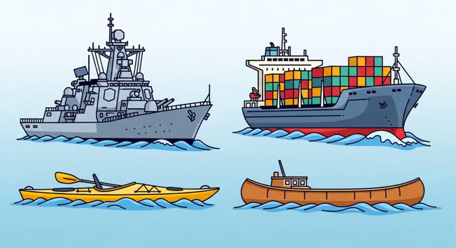 Collection of four different types of boats and ships sailing on water.