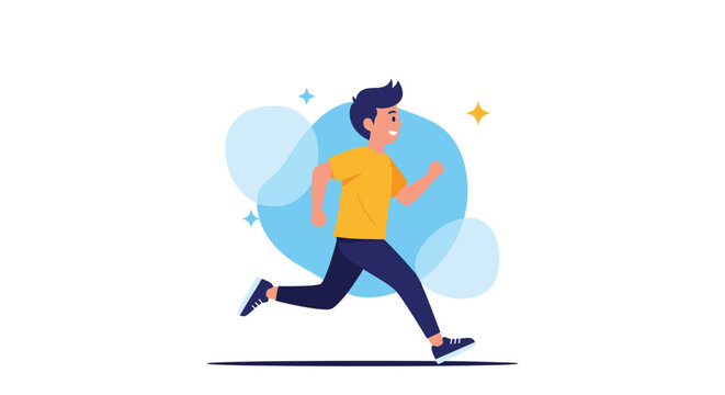 Young man with dark hair in a yellow t-shirt and blue pants enjoys running in front of abstract blue circles and stars.