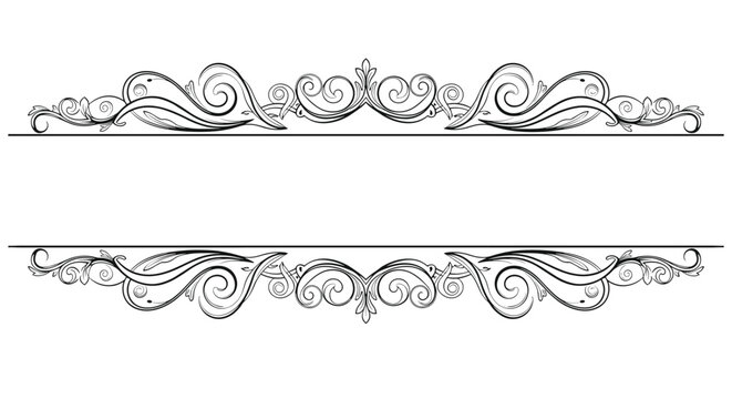 Elegant vintage style decorative border with intricate black scrolls and floral motifs framing a blank horizontal space on white background.