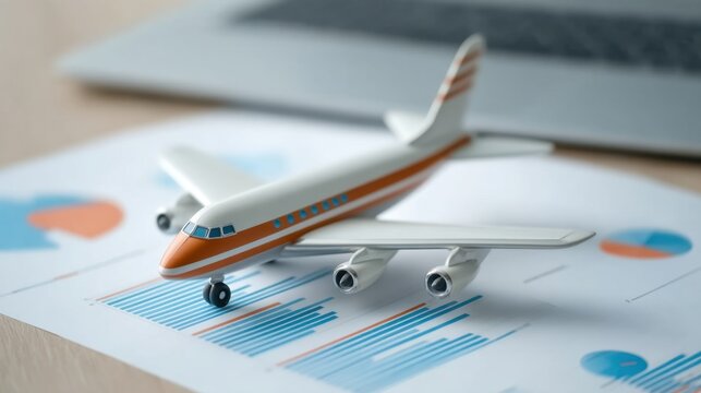 Aerial Model Airplane on Business Documents with Laptop Background for Travel and Finance Concepts