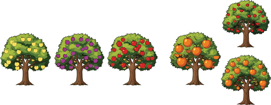 Collection of different fruit trees with apples oranges and mixed fruits, detailed cartoon vector illustration set isolated on white for agriculture and nature design