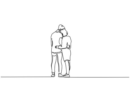 Continuous line drawing of people hugging each other. Single line illustration of people embrace. Meeting, reunion concept. Editable outline