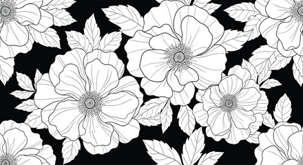 Obraz premium Intricate black and white seamless pattern featuring detailed line drawings of large rose blossoms and leaves on a solid black background.