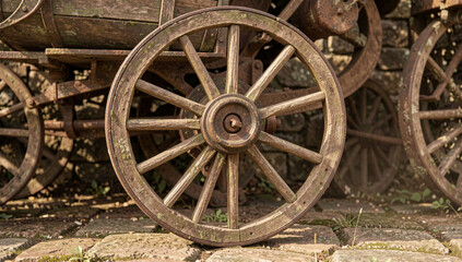 Fototapeta premium Weathered wooden wagon wheel rests on cobblestones. Rustic spokes show age and use. Background hints at vintage carriage or cart. Natural light enhances wooden texture and detail