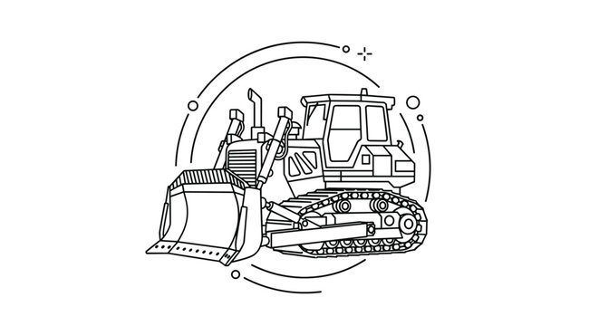 Black and white line art illustration of a heavy industrial bulldozer vehicle framed within a decorative circle on a white background.