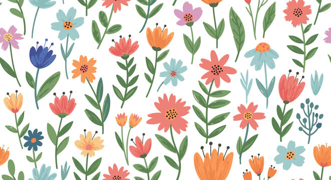 Vibrant and colorful seamless pattern of hand painted wildflowers and leaves in various shapes on a clean white background for spring.