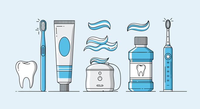 Comprehensive set of dental hygiene icons including toothbrushes toothpaste mouthwash and dental floss on a soft blue background.