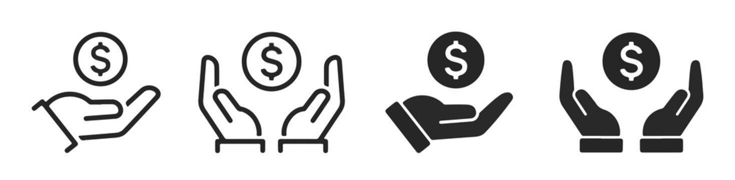 Financial care icon set with outline and solid glyph styles featuring hand holding dollar coin symbols for donation and savings templates