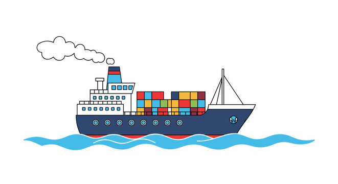 Large blue cargo ship carrying many colorful shipping containers on bright blue ocean waves with gray smoke from its exhaust funnel.