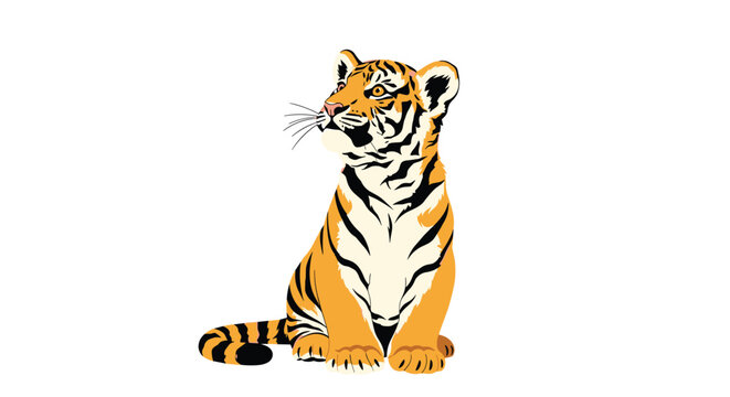 Beautiful illustration of a young tiger cub sitting and looking up with detailed black stripes on its orange fur over white background.