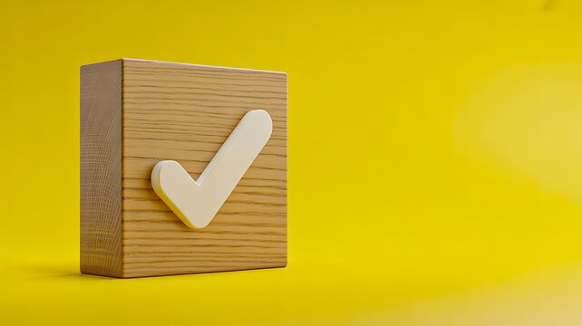 Title:
Wooden block with check mark on yellow background