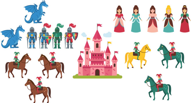 Fantasy medieval collection with knights, princesses, dragons, castles and wizards isolated vector illustration set