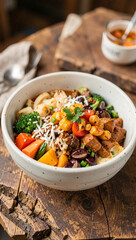 Fototapeta premium Hearty bowl filled with mixed vegetables and protein. Colorful carrots, broccoli, and chickpeas are visible. Brown meat pieces add texture to the dish. Fresh herbs garnish the top of the meal