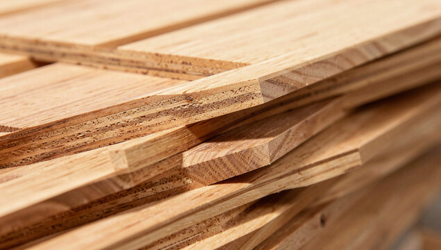 Stack of light-toned wooden planks, neatly arranged. Natural grain patterns visible on each board's surface. Warm, smooth finish highlights wood's organic texture. Ideal for construction
