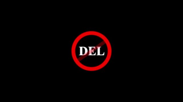 Delete symbol animation: red prohibited sign with text overlay for user interface and digital remove
