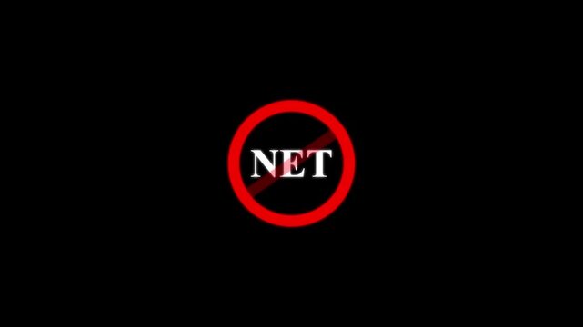 No internet connection symbol animation: red prohibited sign over net text for digital disconnect and offline status