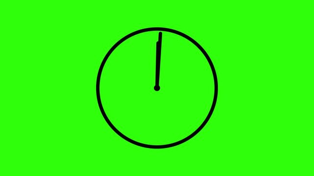 Minimalist analog clock face animation with moving hands on green screen background, for easy chroma, key compositing