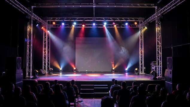 Empty stage lit by colorful spotlights. Audience sits in darkened theater. Metal truss structure supports lighting rig. Rigged lights cast beams across stage surface. Large screen sits center