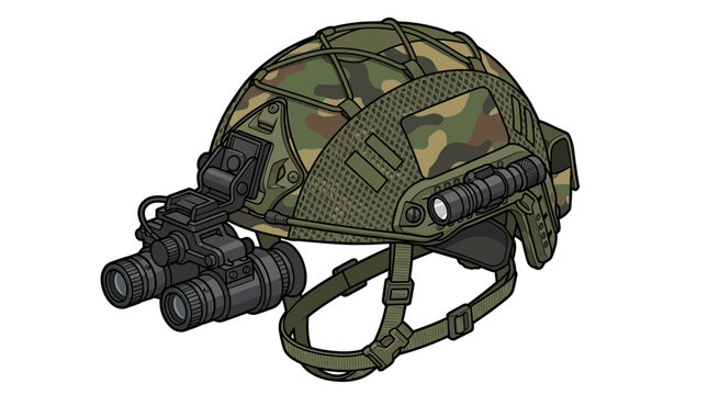 A military soldier wearing a tactical helmet with camouflage and night vision goggles.