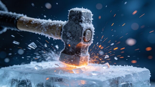 Hammer striking ice with sparks