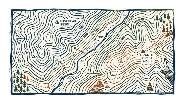 Vector Pinocut Illustrated topographic map featuring hiking trails and mountain peaks.