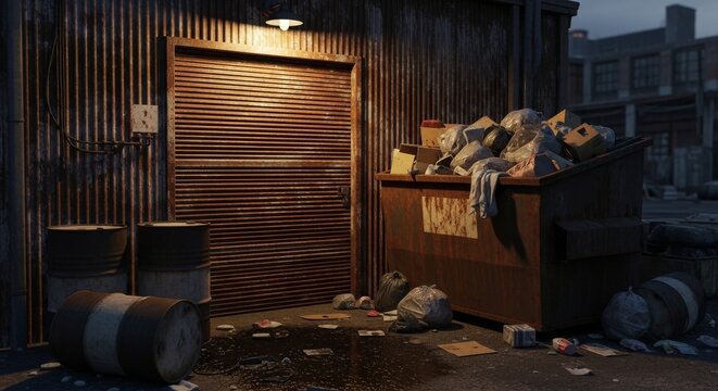 Overflowing dumpster beside a rusty corrugated metal door at night