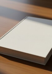 Fototapeta premium Closed White Book on Wooden Table with Warm Sunlight Shadow