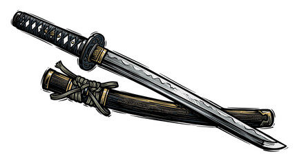 Fototapeta premium Vector Pinocut A detailed illustration of a Japanese katana, its blade gleaming, next to its scabbard.