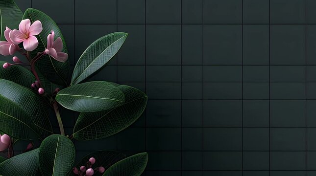A vibrant composition featuring deep green leaves and delicate pink flowers on the left side, contrasted by dark tiled background. The leaves have textured details