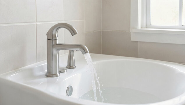 Modern faucet pours water into a white sink. Smooth ceramic basin fits neatly in a tiled bathroom. Natural light streams in through a nearby window. Minimalist design highlights clean