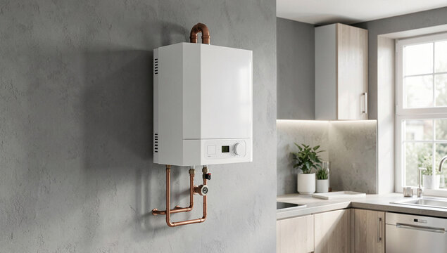 Modern wall-mounted boiler in sleek white finish. Copper pipes connect to unit for efficient heating. Grey textured wall provides contemporary backdrop. Natural light streams through kitchen window