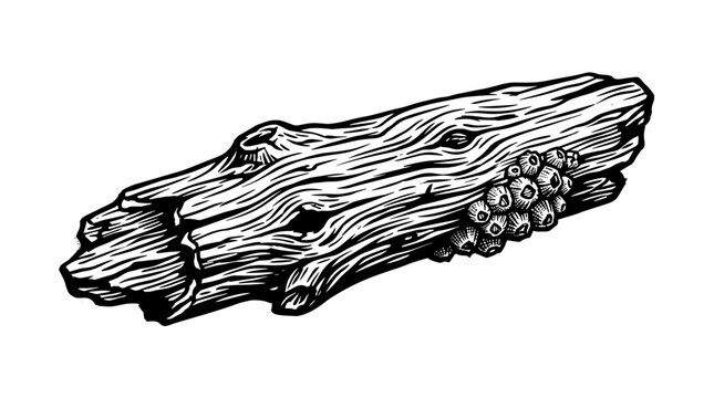 Vector Pinocut Detailed ink drawing of a weathered log with intricate textures and patterns.