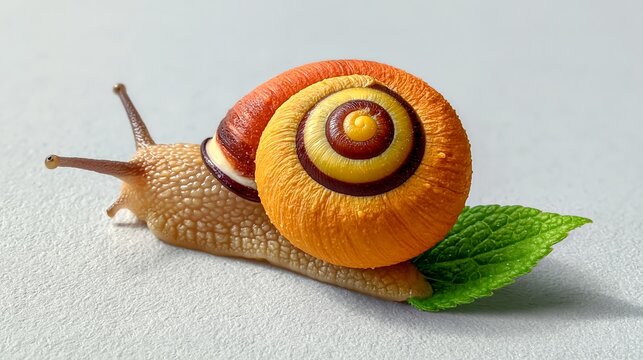 Colorful snail with a spiral shell resting on a green mint leaf against a light gray background, showcasing intricate patterns and textures of the shell