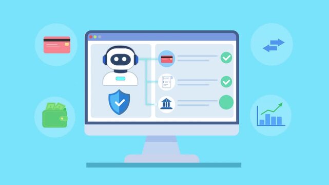 Flat vector animation of a financial dashboard with robot assistant, payment cards, security shield, and transaction status, representing fintech automation and secure digital payments.