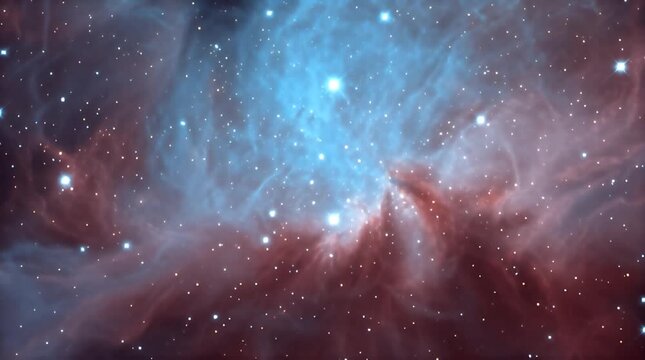 A vibrant cosmic expanse featuring swirling nebulae in blues and reds, dotted with numerous bright, shining stars. The scene evokes a sense of vastness