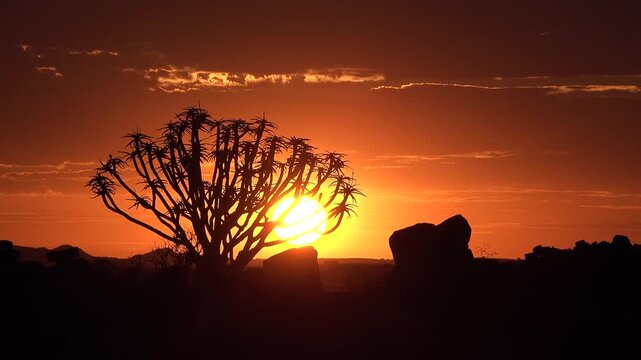 A quiver tree stands tall as the sun sets in Namibia. The sky fills with colors as night approaches. Rocks surround the tree, adding depth to this natural view.